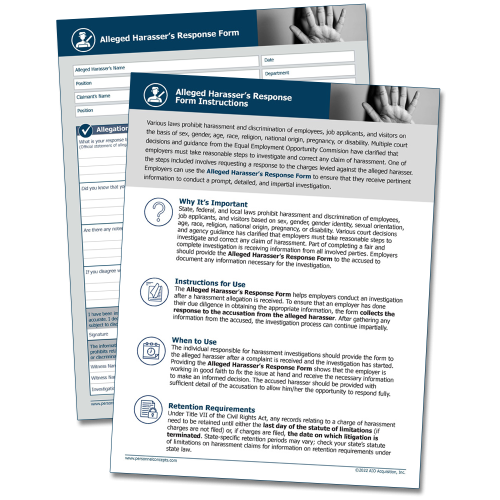 WorkWise Compliance alleged harasser response form for workplace complaint process